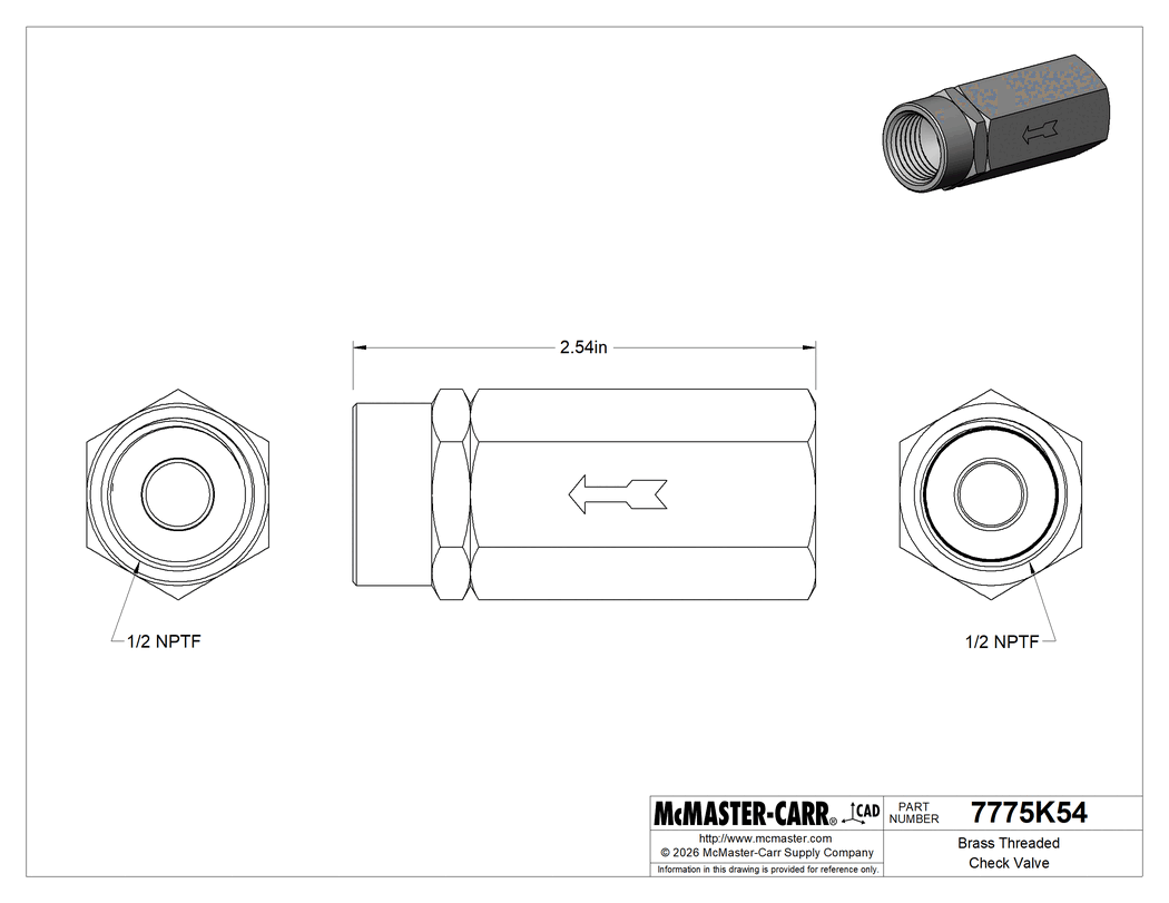 Technical Drawing of Brass Threaded Check Valve, with Brass Spring-Loaded Piston, 1/2 NPTF Female.